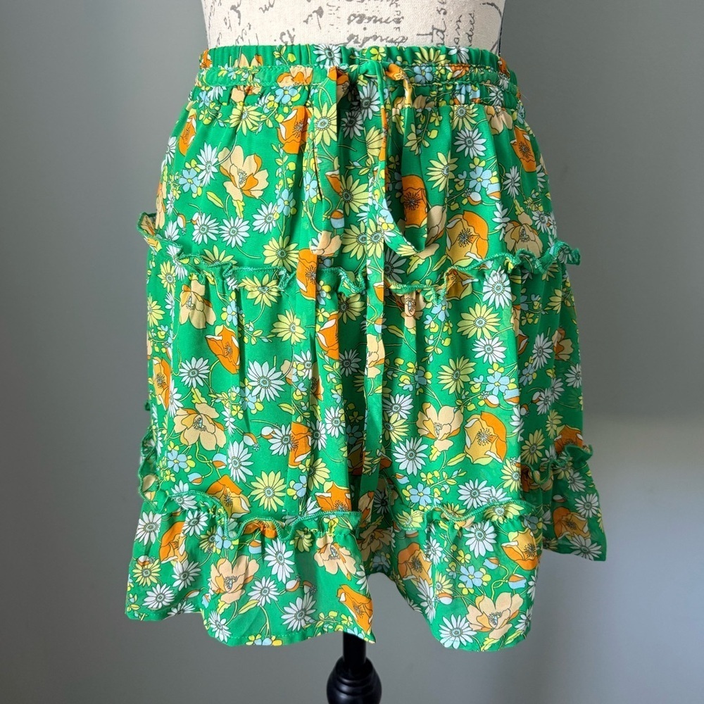 Sienna Sky Green Floral Ruffle Skirt Women’s XS Elastic Waist Boho